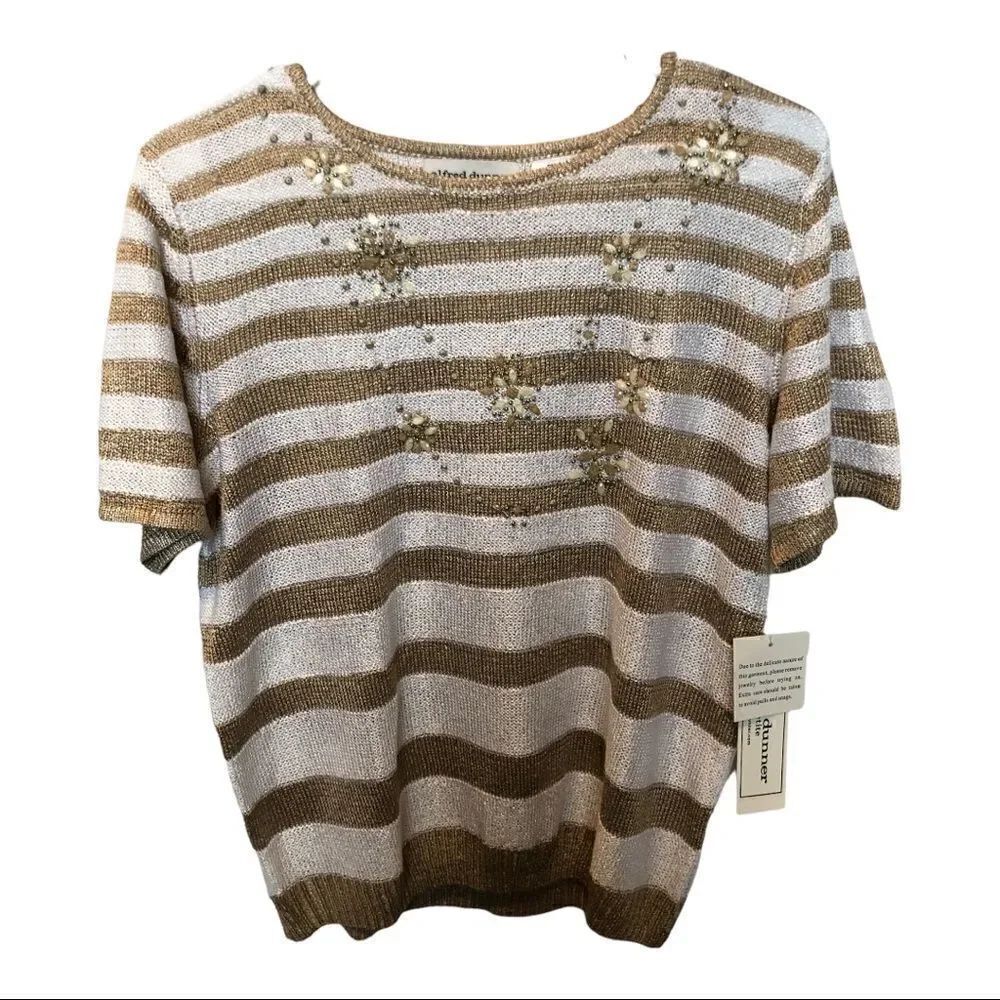 Alfred Dunner Petite blouse short sleeve gold/white PM New with tag